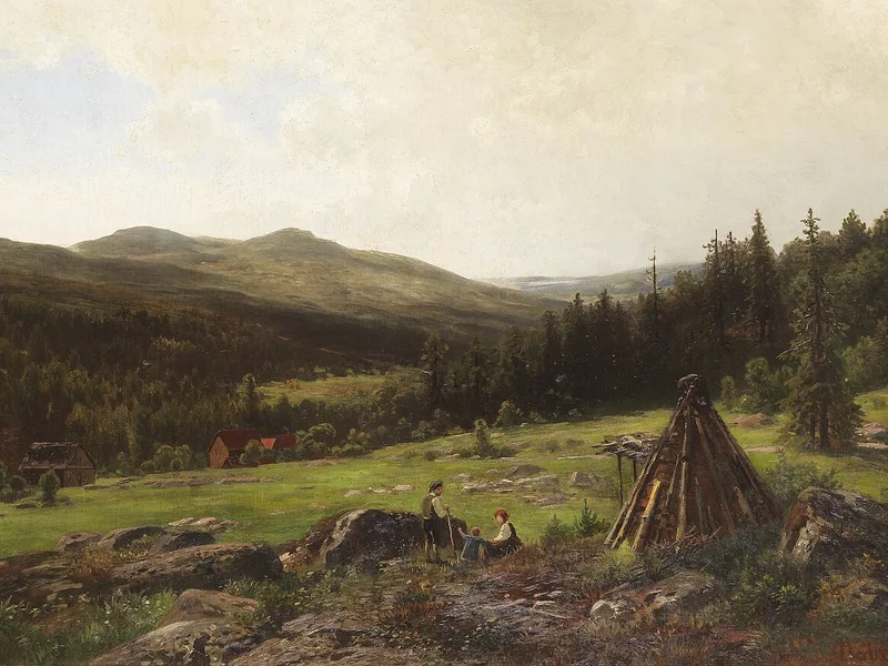 1830-Wilhelm Julius August Nabert - Famiglia che brucia carbone davanti ad un ampio paesaggio collinare